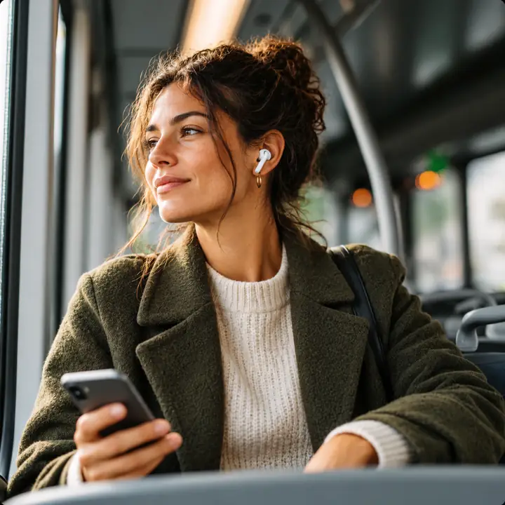 Eine pendelnde Person hört unterwegs mit Kopfhörern und Smartphone nützliche Inhalte.