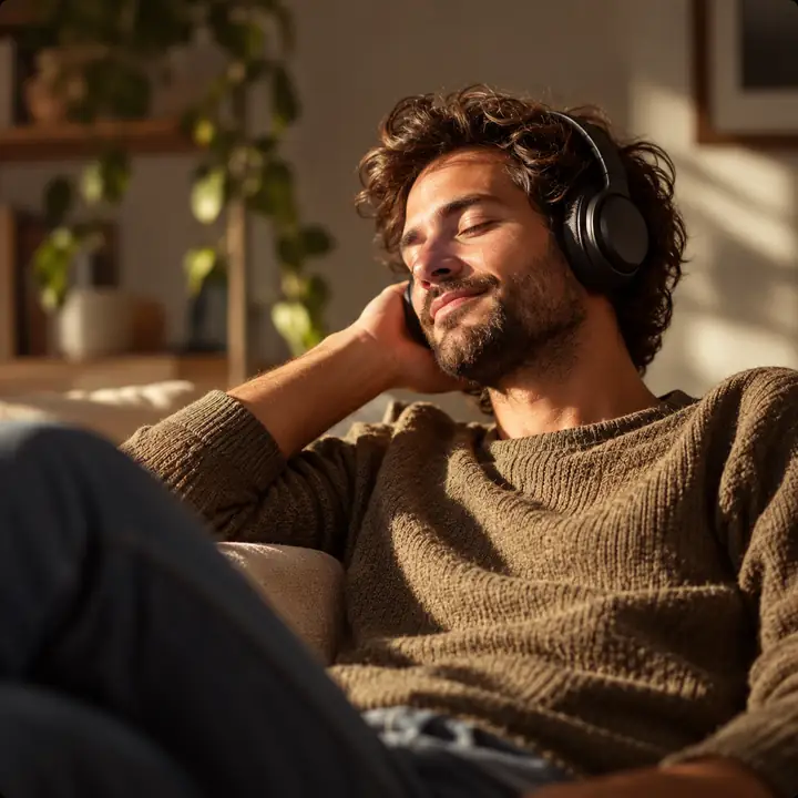 Eine Person entspannt sich zu Hause und hört sich einen per Text-to-Speech vorgelesenen Text an.