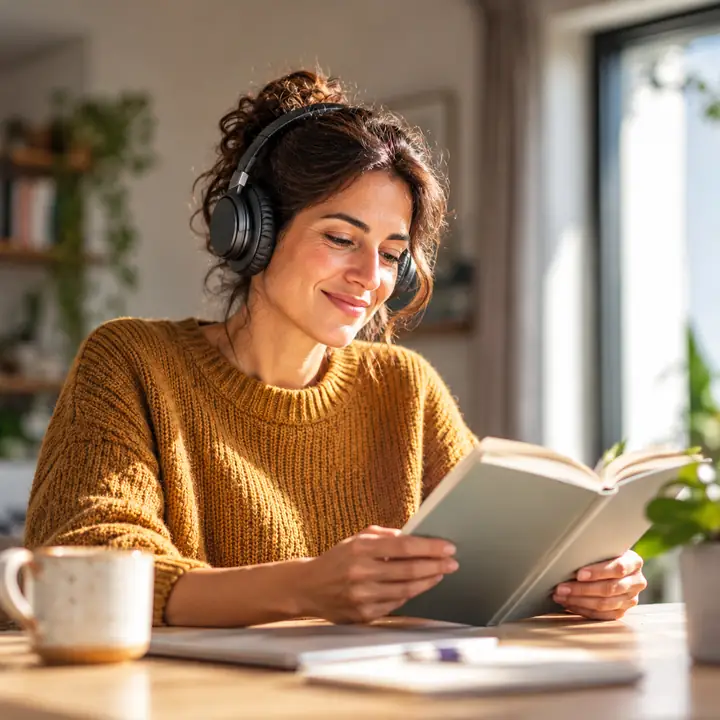 Eine Person nutzt Text-to-Speech-Technologie, während sie an einem Schreibtisch liest.