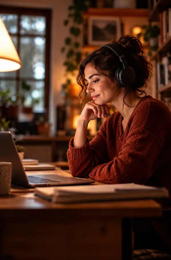 Eine berufstätige Person trägt Kopfhörer und arbeitet am Schreibtisch, während sie Audioinhalte hört.