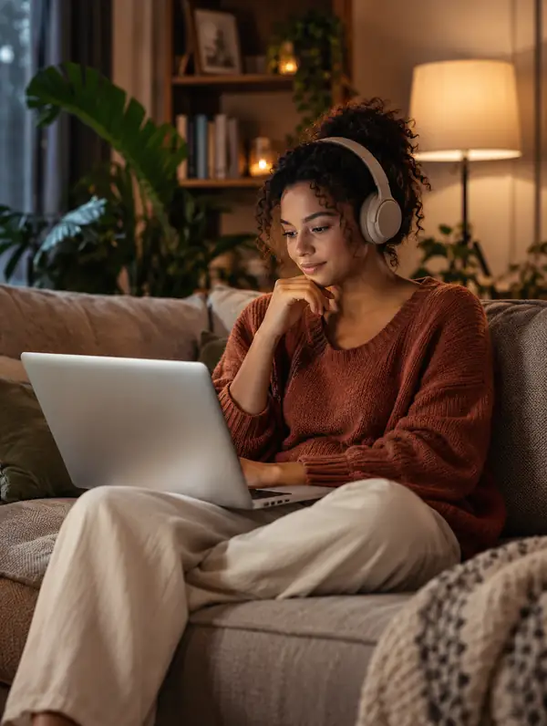 Eine Frau hört sich in gemütlicher Atmosphäre zu Hause auf einem Laptop einen Text an.