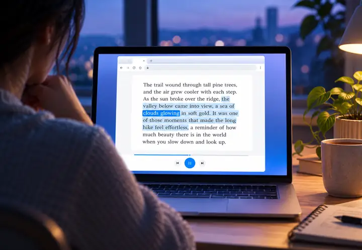 Readaloud-Browseroberfläche mit hervorgehobenem Text und einfachen Wiedergabesteuerungen.