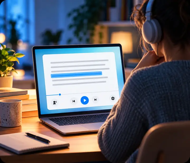 Readaloud-Text-to-Speech-Player mit hervorgehobenem Text und Steuerelementen für die Audiowiedergabe.