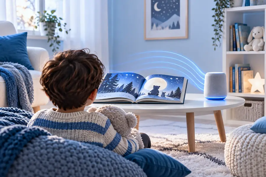 Kind verfolgt den gesprochenen Text beim Vorlesen